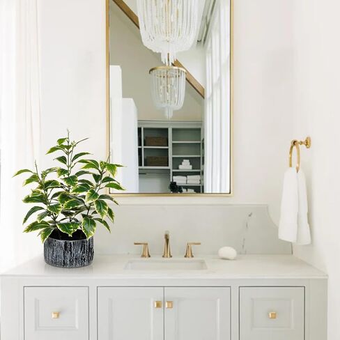 Artificial Plants Decor Greenery Fake Ficus White-edged Leaf with Seeds Indoor Potted 14" Fake Plant in Rustic Black Ceramic Planter for Farmhouse Room Bathroom Bedroom Kitchen Office Table Desk Decor in Saudi Arabia