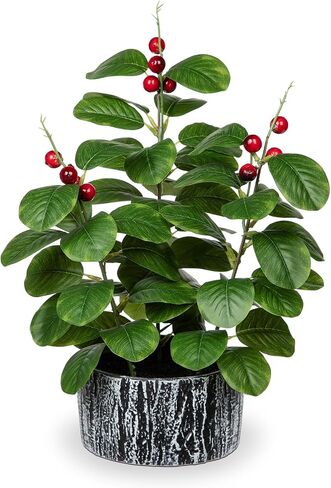 Artificial Plants Decor Greenery Fake Ficus White-edged Leaf with Seeds Indoor Potted 14" Fake Plant in Rustic Black Ceramic Planter for Farmhouse Room Bathroom Bedroom Kitchen Office Table Desk Decor in Saudi Arabia