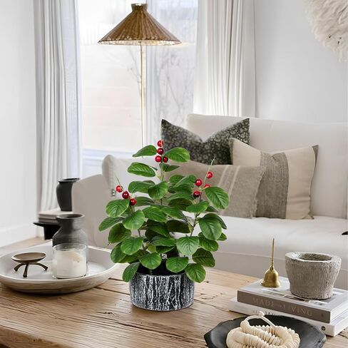 Artificial Plants Decor Greenery Fake Ficus White-edged Leaf with Seeds Indoor Potted 14" Fake Plant in Rustic Black Ceramic Planter for Farmhouse Room Bathroom Bedroom Kitchen Office Table Desk Decor in Saudi Arabia
