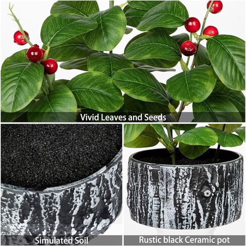 Artificial Plants Decor Greenery Fake Ficus White-edged Leaf with Seeds Indoor Potted 14" Fake Plant in Rustic Black Ceramic Planter for Farmhouse Room Bathroom Bedroom Kitchen Office Table Desk Decor in Saudi Arabia