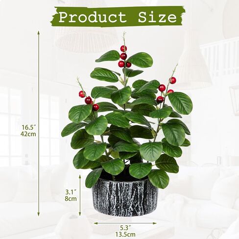 Artificial Plants Decor Greenery Fake Ficus White-edged Leaf with Seeds Indoor Potted 14" Fake Plant in Rustic Black Ceramic Planter for Farmhouse Room Bathroom Bedroom Kitchen Office Table Desk Decor in Saudi Arabia
