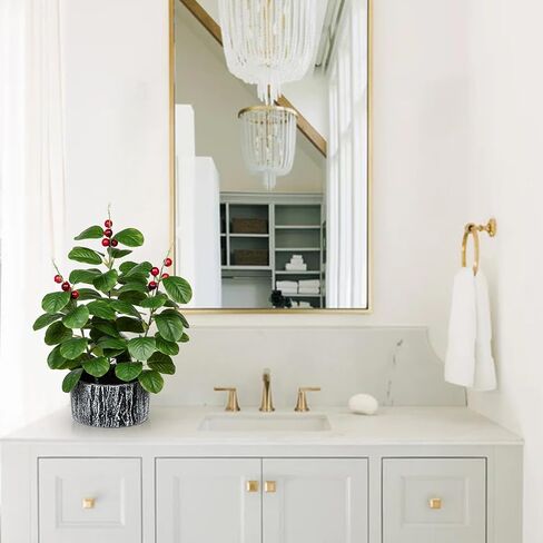 Artificial Plants Decor Greenery Fake Ficus White-edged Leaf with Seeds Indoor Potted 14" Fake Plant in Rustic Black Ceramic Planter for Farmhouse Room Bathroom Bedroom Kitchen Office Table Desk Decor in Saudi Arabia