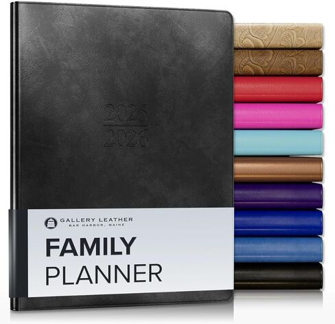 Gallery Leather Family Planner 2026 للأمهات ، مخطط التقويم الأنيق والكمبيوتر المحمول مع حواف صفحات بيضاء أنيقة ، 18 شهرًا - Acadia Black - 9 × 7 " in Kuwait