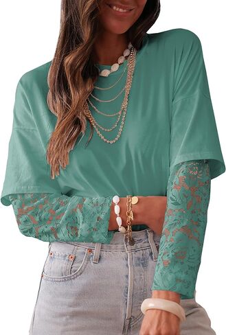 LOLONG T Shirts for Women Fall 2025 Long Sleeve Lace Patchwork Crew Neck Tops Casual Tees in Kuwait