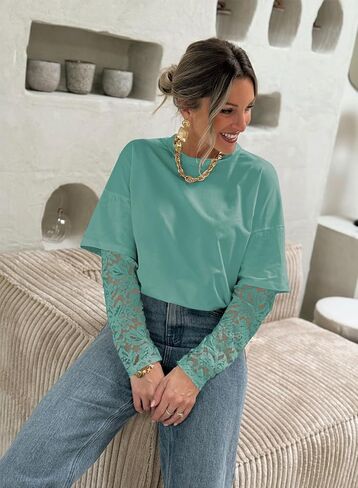 LOLONG T Shirts for Women Fall 2025 Long Sleeve Lace Patchwork Crew Neck Tops Casual Tees in Kuwait