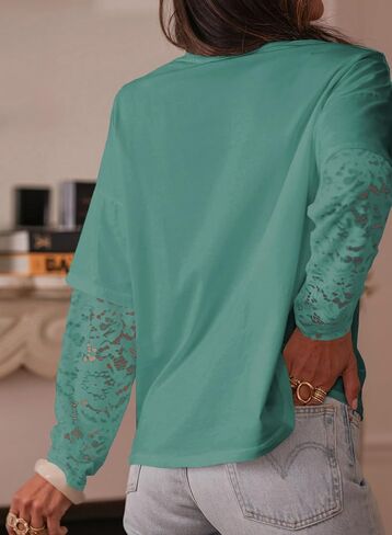 LOLONG T Shirts for Women Fall 2025 Long Sleeve Lace Patchwork Crew Neck Tops Casual Tees in Kuwait