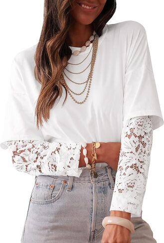 LOLONG T Shirts for Women Fall 2025 Long Sleeve Lace Patchwork Crew Neck Tops Casual Tees in Kuwait