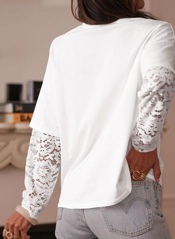 LOLONG T Shirts for Women Fall 2025 Long Sleeve Lace Patchwork Crew Neck Tops Casual Tees in Kuwait