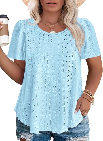 قمم Rosriss Plus الحجم للنساء الصيفية العصرية Eyelet Puff قصيرة الأكمام T قمصان الطاقم العادي in Kuwait