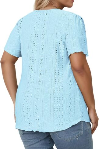 قمم Rosriss Plus الحجم للنساء الصيفية العصرية Eyelet Puff قصيرة الأكمام T قمصان الطاقم العادي in Kuwait
