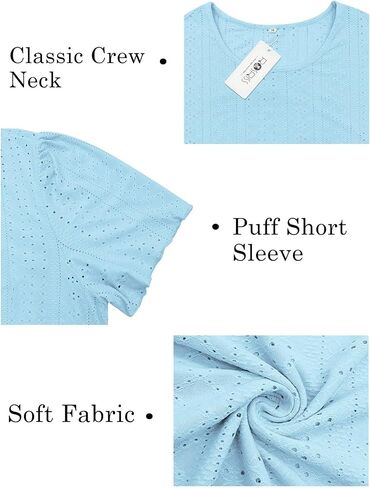 قمم Rosriss Plus الحجم للنساء الصيفية العصرية Eyelet Puff قصيرة الأكمام T قمصان الطاقم العادي in Kuwait