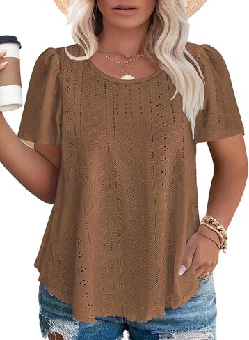 قمم Rosriss Plus الحجم للنساء الصيفية العصرية Eyelet Puff قصيرة الأكمام T قمصان الطاقم العادي in Kuwait