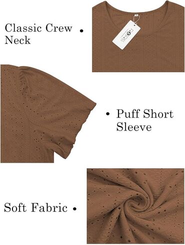 قمم Rosriss Plus الحجم للنساء الصيفية العصرية Eyelet Puff قصيرة الأكمام T قمصان الطاقم العادي in Kuwait