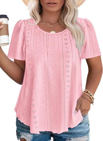 قمم Rosriss Plus الحجم للنساء الصيفية العصرية Eyelet Puff قصيرة الأكمام T قمصان الطاقم العادي in Kuwait