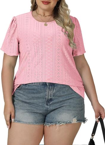 قمم Rosriss Plus الحجم للنساء الصيفية العصرية Eyelet Puff قصيرة الأكمام T قمصان الطاقم العادي in Kuwait