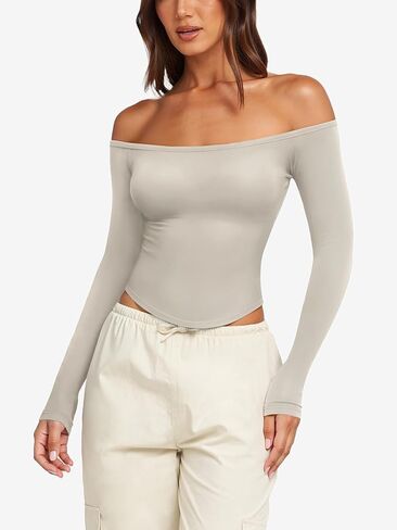 LASLULU Womens Sexy Off The Shoulder Long Sleeve Workout Tops Strapless T Shirts Crop Top Casual Fall Outfits in Kuwait