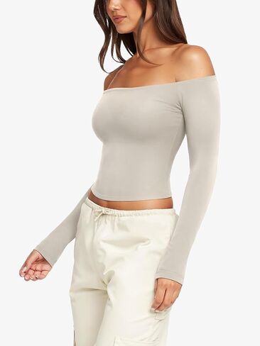 LASLULU Womens Sexy Off The Shoulder Long Sleeve Workout Tops Strapless T Shirts Crop Top Casual Fall Outfits in Kuwait