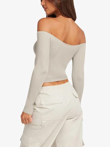 LASLULU Womens Sexy Off The Shoulder Long Sleeve Workout Tops Strapless T Shirts Crop Top Casual Fall Outfits in Kuwait