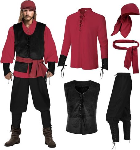 5 pcs men's pirate costume set Renaissance shirt medieval vest Viking Banded Pants headscarf belt Halloween costume in Kuwait