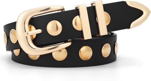 Women Studded Belt for Jeans Dress Fashion Punk Leather Belt Black Belt With Gold/Silver Buckle Women in Saudi Arabia