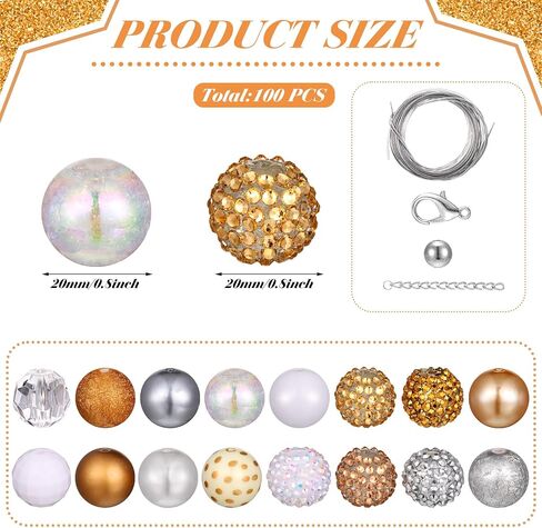 Sasylvia 100 Pcs 20 mm Rhinestone Beads Shine Disco Ball Bubblegum Plastic Chunky Loose Round Spacer Beads for Jewelry Making DIY Craft Pen Bracelet Supplies in Saudi Arabia