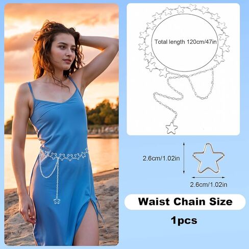 Waist Chain, Silver Star Waist Chain Belt Adjustable Link Belt Metal Waists Chains Women Fashion Accessory for Dresses Skirts Jeans Women Girls Ladies in Saudi Arabia