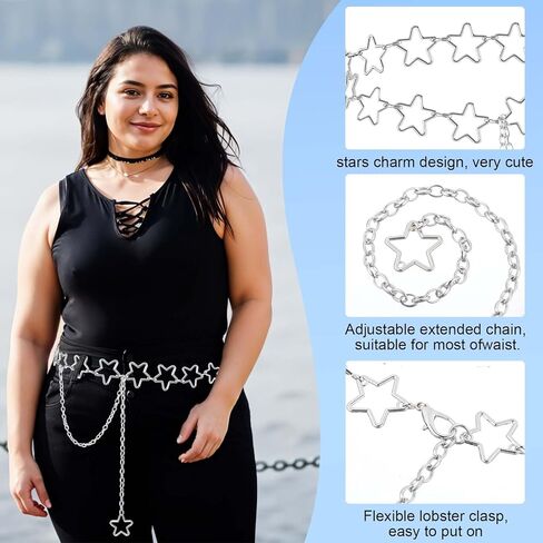 Waist Chain, Silver Star Waist Chain Belt Adjustable Link Belt Metal Waists Chains Women Fashion Accessory for Dresses Skirts Jeans Women Girls Ladies in Saudi Arabia