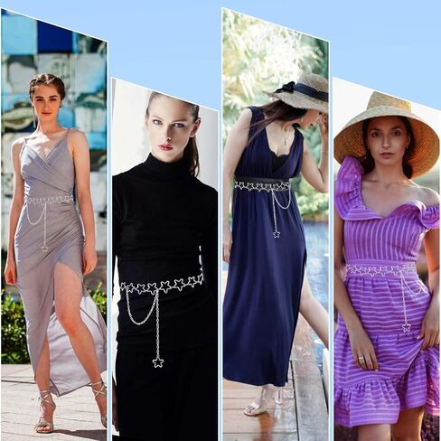 Waist Chain, Silver Star Waist Chain Belt Adjustable Link Belt Metal Waists Chains Women Fashion Accessory for Dresses Skirts Jeans Women Girls Ladies in Saudi Arabia