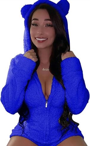 Womens Fleece Pajama 1-Piece Hooded Romper, One Piece Fuzzy Playsuit for Women Shorts Soft, Womens Soft Pajamas Jumpsuit Fuzzy (Blue Green, 2XL) in Saudi Arabia