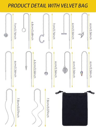 12 Pairs Stainless Steel Threader Earrings for Women Double Twist Wave Chain Tassel Earrings Threader Lightweight Minimalist Long Bar Arrow Drop Dangle Chain Set in Saudi Arabia