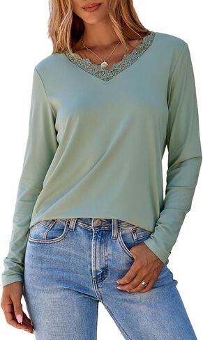 Dokotoo T Shirts for Women Casual Long Sleeve V Neck Lace Trim Tops Lightweight Solid Color Basic Tees Blouses in Saudi Arabia