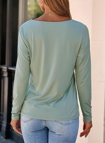 Dokotoo T Shirts for Women Casual Long Sleeve V Neck Lace Trim Tops Lightweight Solid Color Basic Tees Blouses in Saudi Arabia