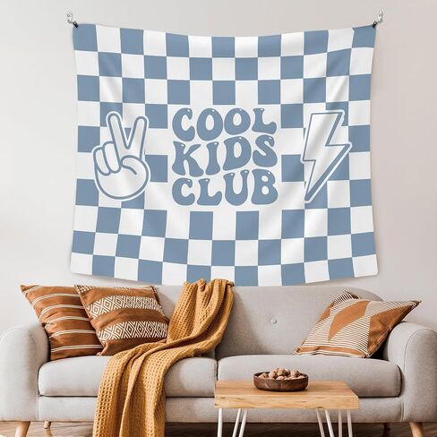 XLDLIOO Boho Cool Kids Club Blue Classroom Tapestry, Blue and White Checkered Wall Tapestry Hanging for Bedroom, Kids Tapestries Decor Art for Boy Toddler Room Nursery Classroom Playroom, 50x60in in Saudi Arabia