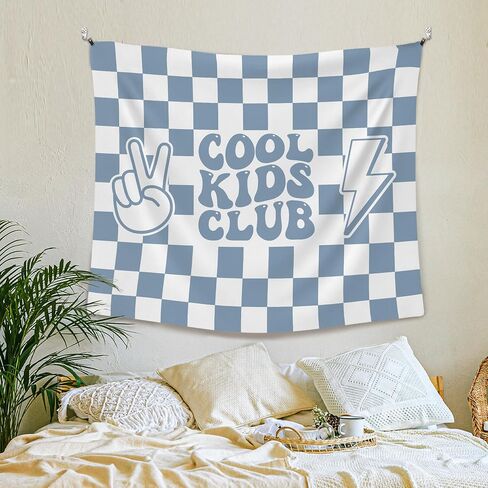 XLDLIOO Boho Cool Kids Club Blue Classroom Tapestry, Blue and White Checkered Wall Tapestry Hanging for Bedroom, Kids Tapestries Decor Art for Boy Toddler Room Nursery Classroom Playroom, 50x60in in Saudi Arabia