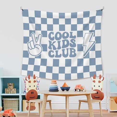 XLDLIOO Boho Cool Kids Club Blue Classroom Tapestry, Blue and White Checkered Wall Tapestry Hanging for Bedroom, Kids Tapestries Decor Art for Boy Toddler Room Nursery Classroom Playroom, 50x60in in Saudi Arabia