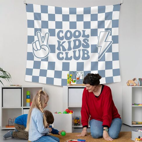XLDLIOO Boho Cool Kids Club Blue Classroom Tapestry, Blue and White Checkered Wall Tapestry Hanging for Bedroom, Kids Tapestries Decor Art for Boy Toddler Room Nursery Classroom Playroom, 50x60in in Saudi Arabia