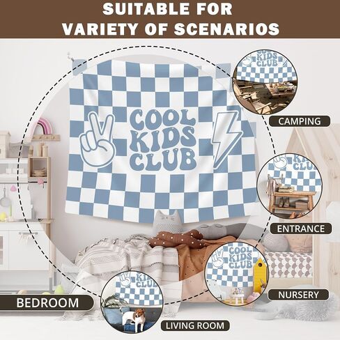 XLDLIOO Boho Cool Kids Club Blue Classroom Tapestry, Blue and White Checkered Wall Tapestry Hanging for Bedroom, Kids Tapestries Decor Art for Boy Toddler Room Nursery Classroom Playroom, 50x60in in Saudi Arabia