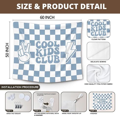 XLDLIOO Boho Cool Kids Club Blue Classroom Tapestry, Blue and White Checkered Wall Tapestry Hanging for Bedroom, Kids Tapestries Decor Art for Boy Toddler Room Nursery Classroom Playroom, 50x60in in Saudi Arabia