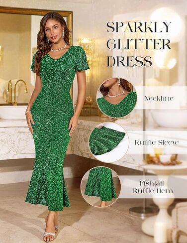 DRESSTELLS Womens Formal Sequin Party Dresses, Glitter Sparkly Cocktail Evening Wedding Guest V-Neck Long Dress in Kuwait