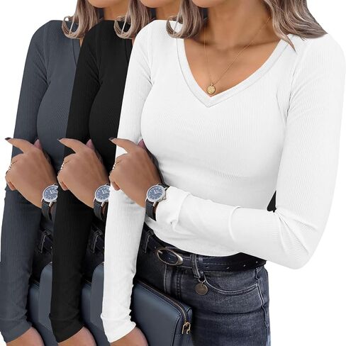 Ekouaer Womens 3 Pack Long Sleeve Shirts V Neck Ribbed Slim Fit Basic Tops Thermal Undershirts Casual Tee XS-XXL in Saudi Arabia