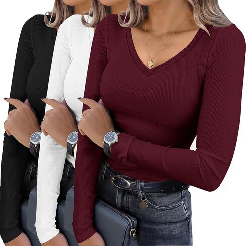 Ekouaer Womens 3 Pack Long Sleeve Shirts V Neck Ribbed Slim Fit Basic Tops Thermal Undershirts Casual Tee XS-XXL in Saudi Arabia