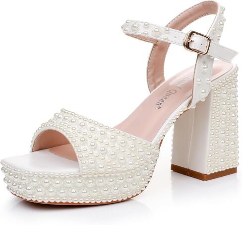 Crystal Queen 3.75 inches Women's Chunky Platform High Heels Ankle Strap Block Heel Sandals Square Peep Toe Ivory Pearls Bridal Wedding Shoes Women Sandals in Kuwait