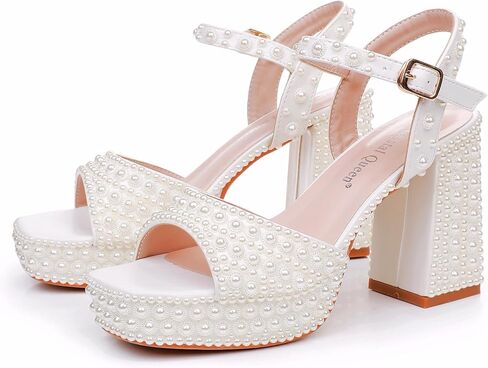 Crystal Queen 3.75 inches Women's Chunky Platform High Heels Ankle Strap Block Heel Sandals Square Peep Toe Ivory Pearls Bridal Wedding Shoes Women Sandals in Kuwait