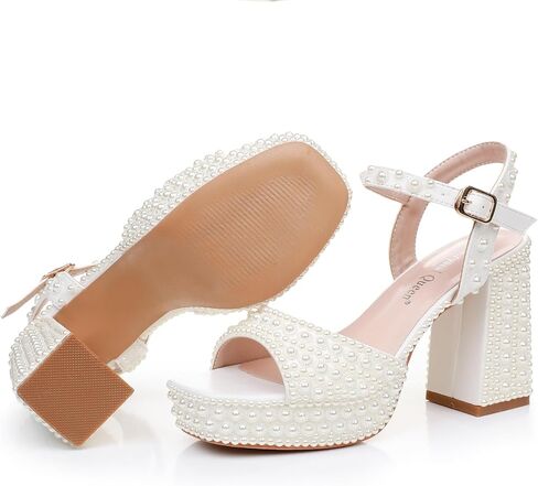 Crystal Queen 3.75 inches Women's Chunky Platform High Heels Ankle Strap Block Heel Sandals Square Peep Toe Ivory Pearls Bridal Wedding Shoes Women Sandals in Kuwait