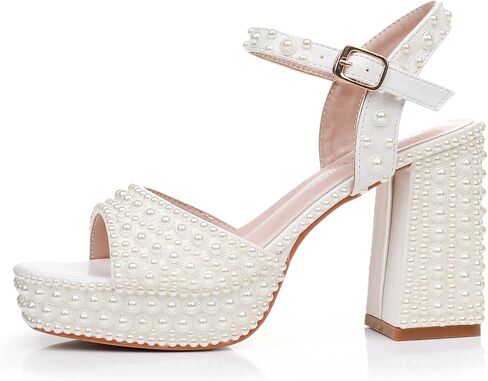 Crystal Queen 3.75 inches Women's Chunky Platform High Heels Ankle Strap Block Heel Sandals Square Peep Toe Ivory Pearls Bridal Wedding Shoes Women Sandals in Kuwait