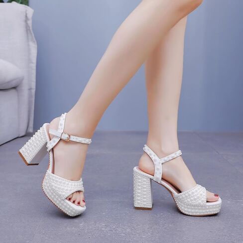 Crystal Queen 3.75 inches Women's Chunky Platform High Heels Ankle Strap Block Heel Sandals Square Peep Toe Ivory Pearls Bridal Wedding Shoes Women Sandals in Kuwait