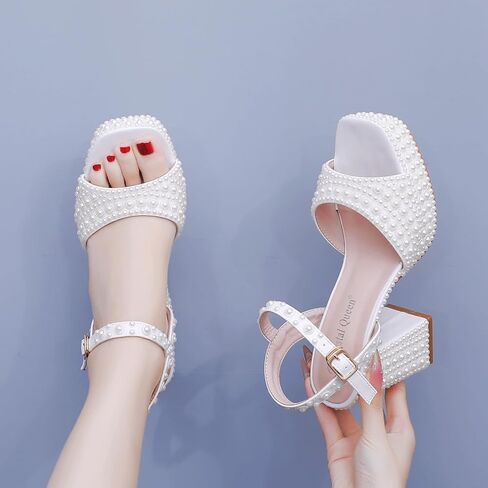 Crystal Queen 3.75 inches Women's Chunky Platform High Heels Ankle Strap Block Heel Sandals Square Peep Toe Ivory Pearls Bridal Wedding Shoes Women Sandals in Kuwait