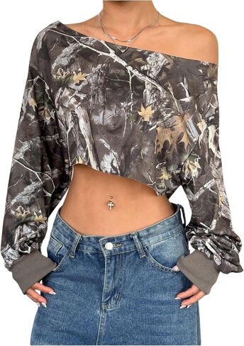 WDIRARA Women's Camo Print One Shoulder Sweatshirts Oversized Pullover Long Sleeve Crop Tops in Saudi Arabia