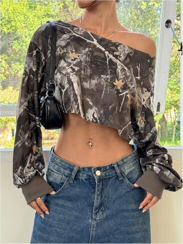 WDIRARA Women's Camo Print One Shoulder Sweatshirts Oversized Pullover Long Sleeve Crop Tops in Saudi Arabia