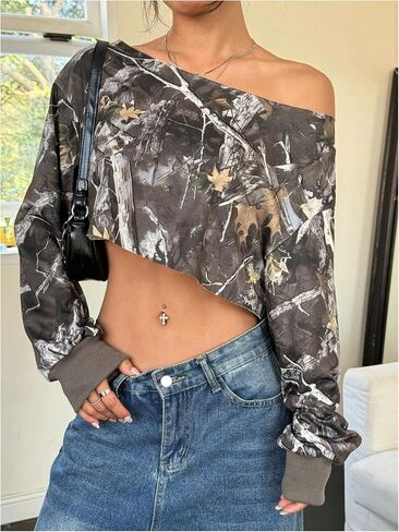 WDIRARA Women's Camo Print One Shoulder Sweatshirts Oversized Pullover Long Sleeve Crop Tops in Saudi Arabia